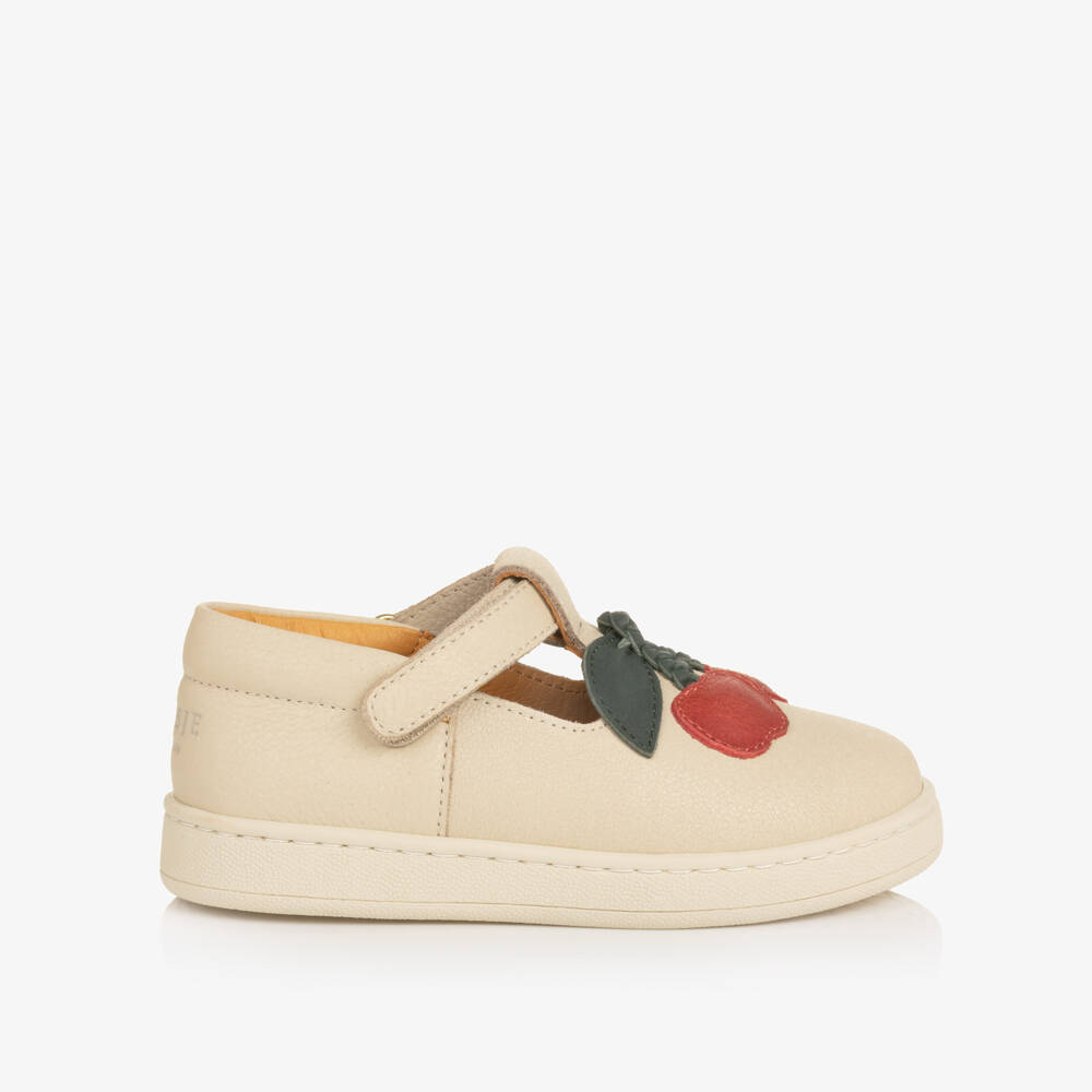 Donsje-Girls Beige Leather Bar Shoes with Cherry Motif | Childrensalon