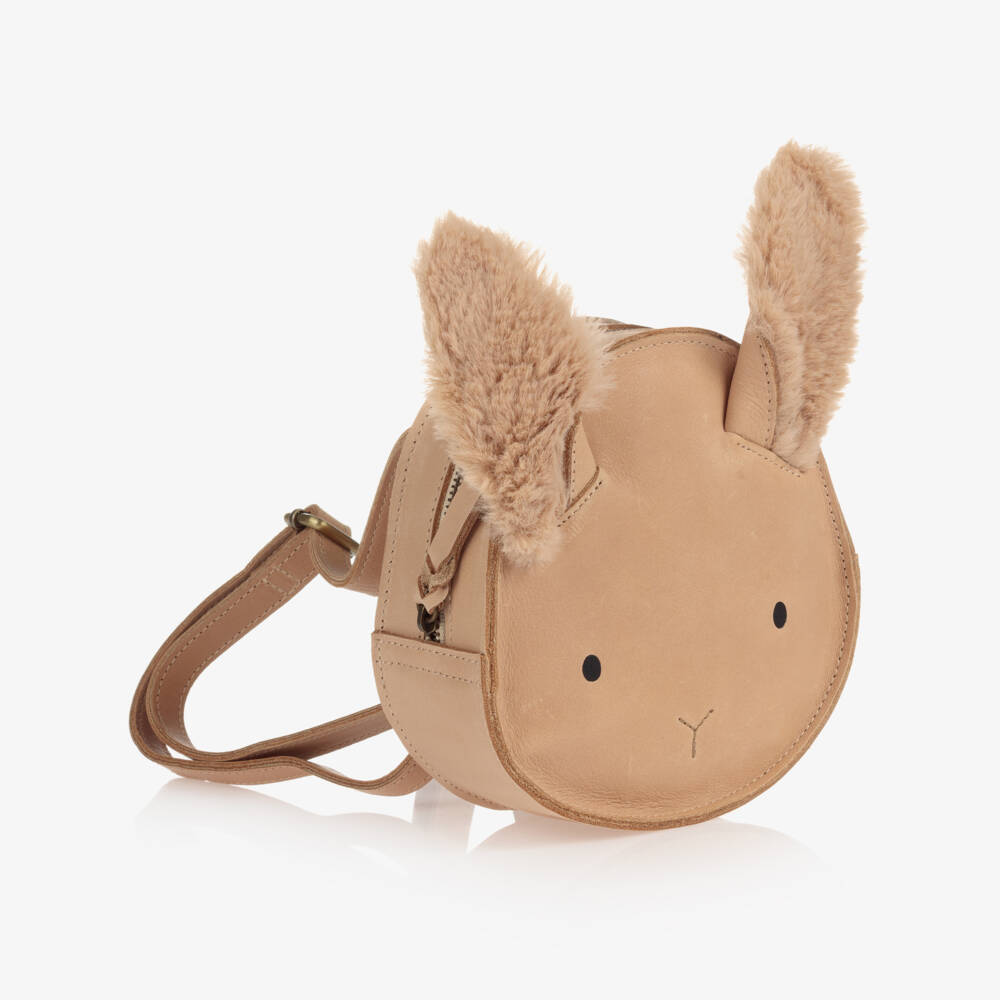 Donsje-Girls Beige Leather Bunny Backpack (15cm) | Childrensalon