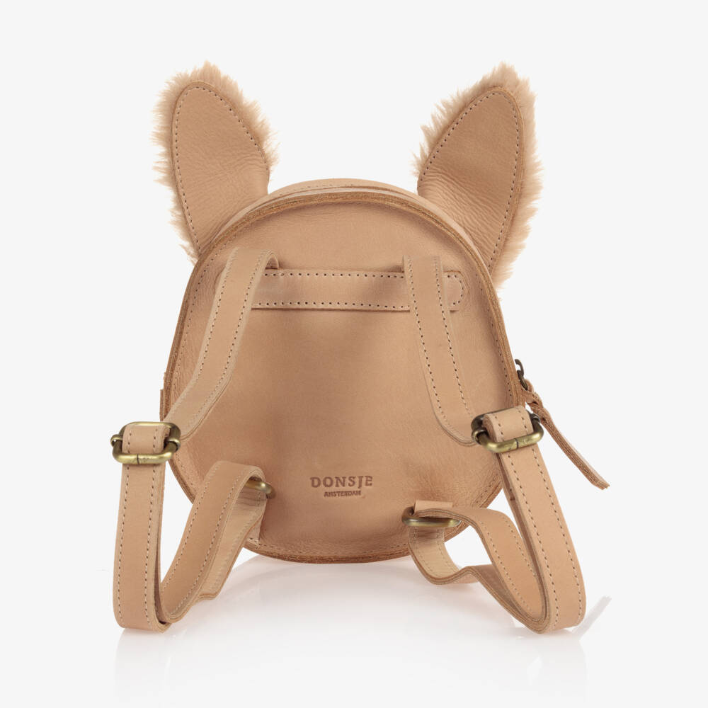 Donsje-Girls Beige Leather Bunny Backpack (15cm) | Childrensalon