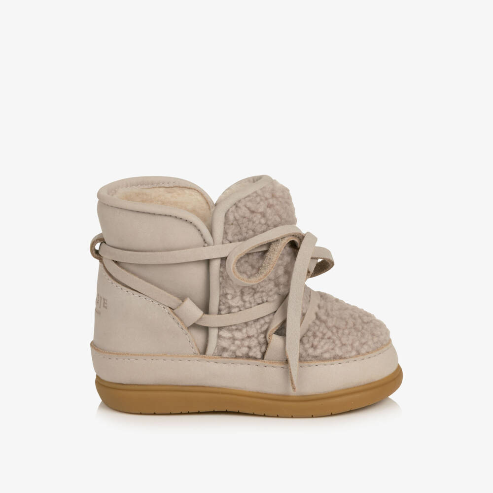 Donsje-Girls Beige Leather & Sherpa Fleece First Walker Boots | Childrensalon