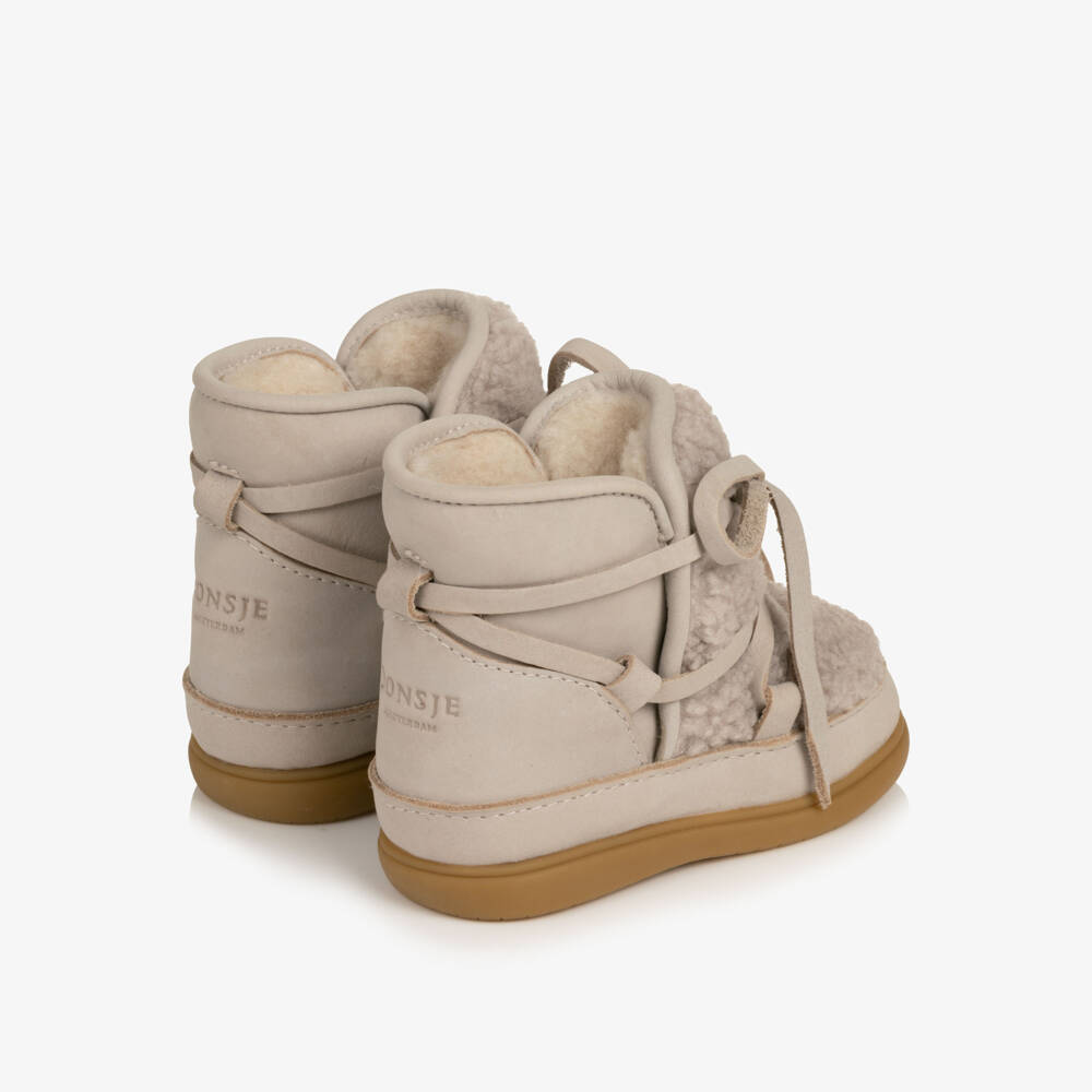 Donsje-Girls Beige Leather & Sherpa Fleece First Walker Boots | Childrensalon