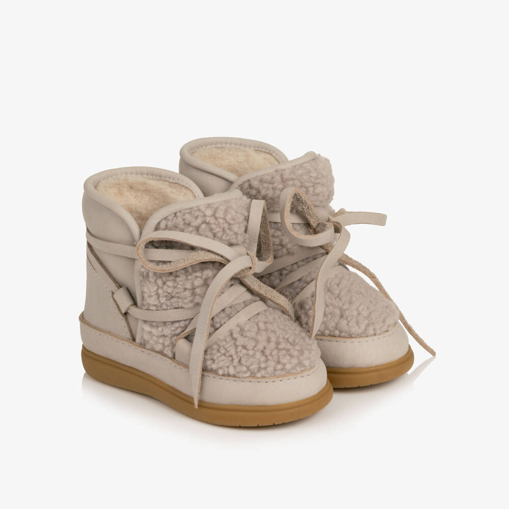 Donsje-Girls Beige Leather & Sherpa Fleece First Walker Boots | Childrensalon