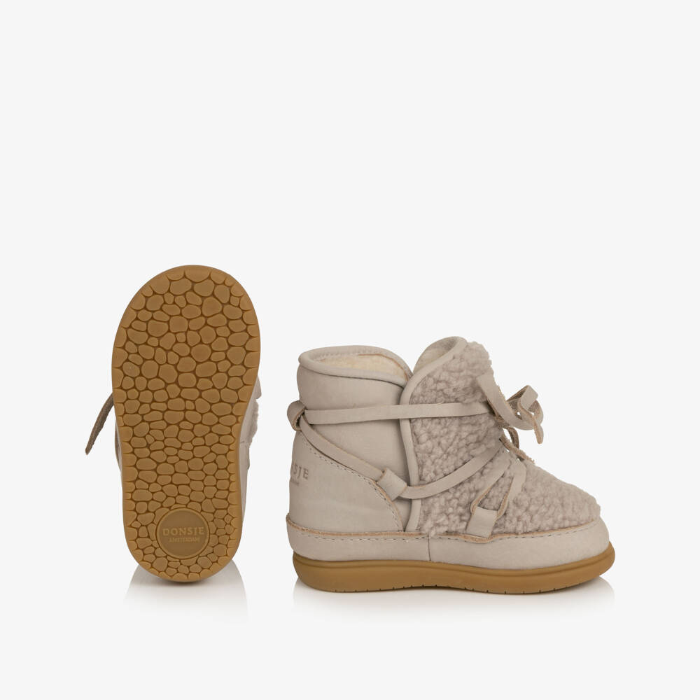 Donsje-Girls Beige Leather & Sherpa Fleece First Walker Boots | Childrensalon