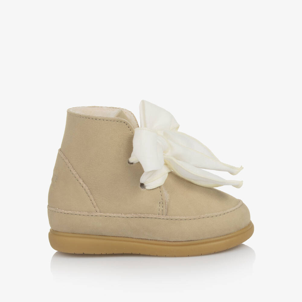 Donsje-Girls Beige Nubuck Leather First Walker Boots | Childrensalon