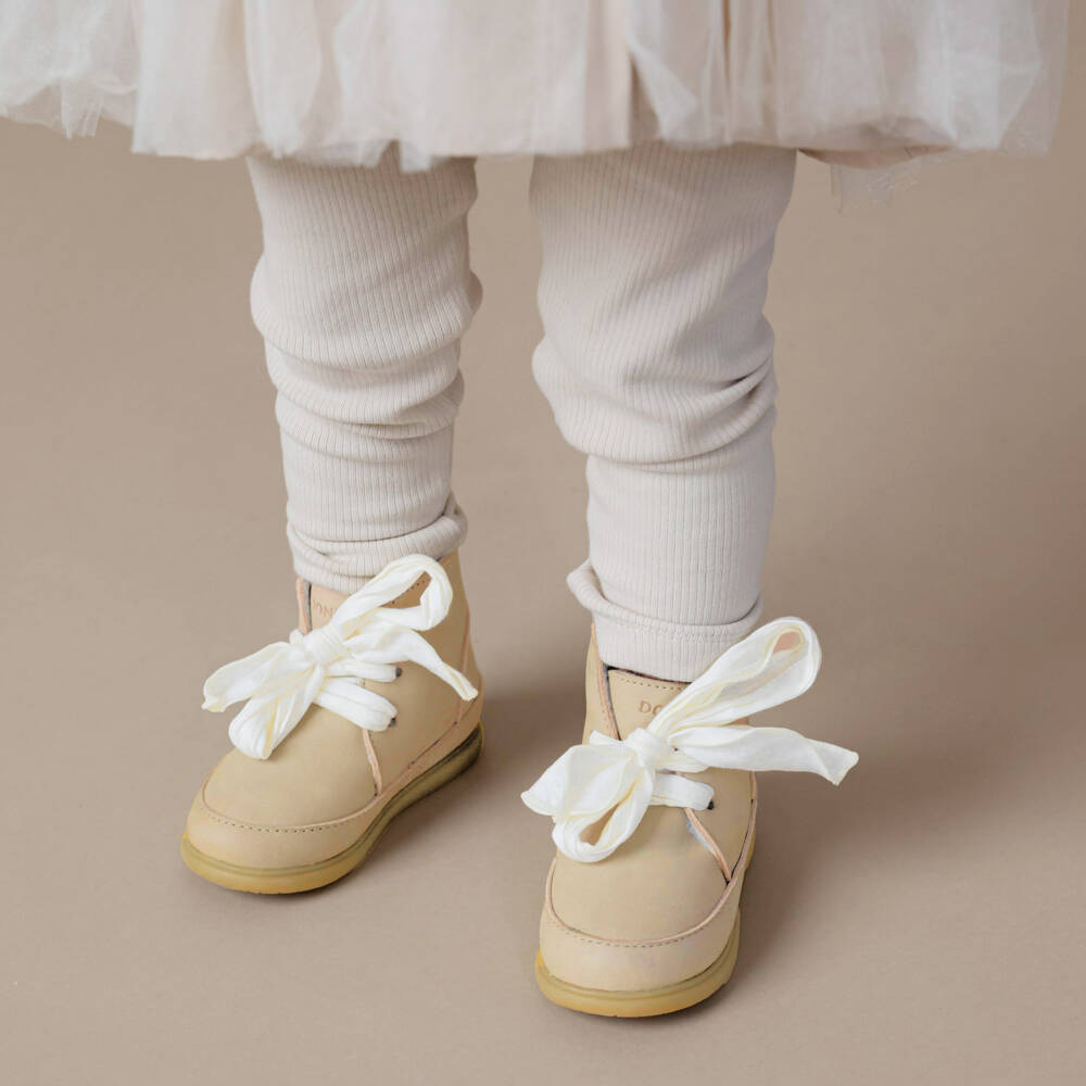 Donsje-Girls Beige Nubuck Leather First Walker Boots | Childrensalon