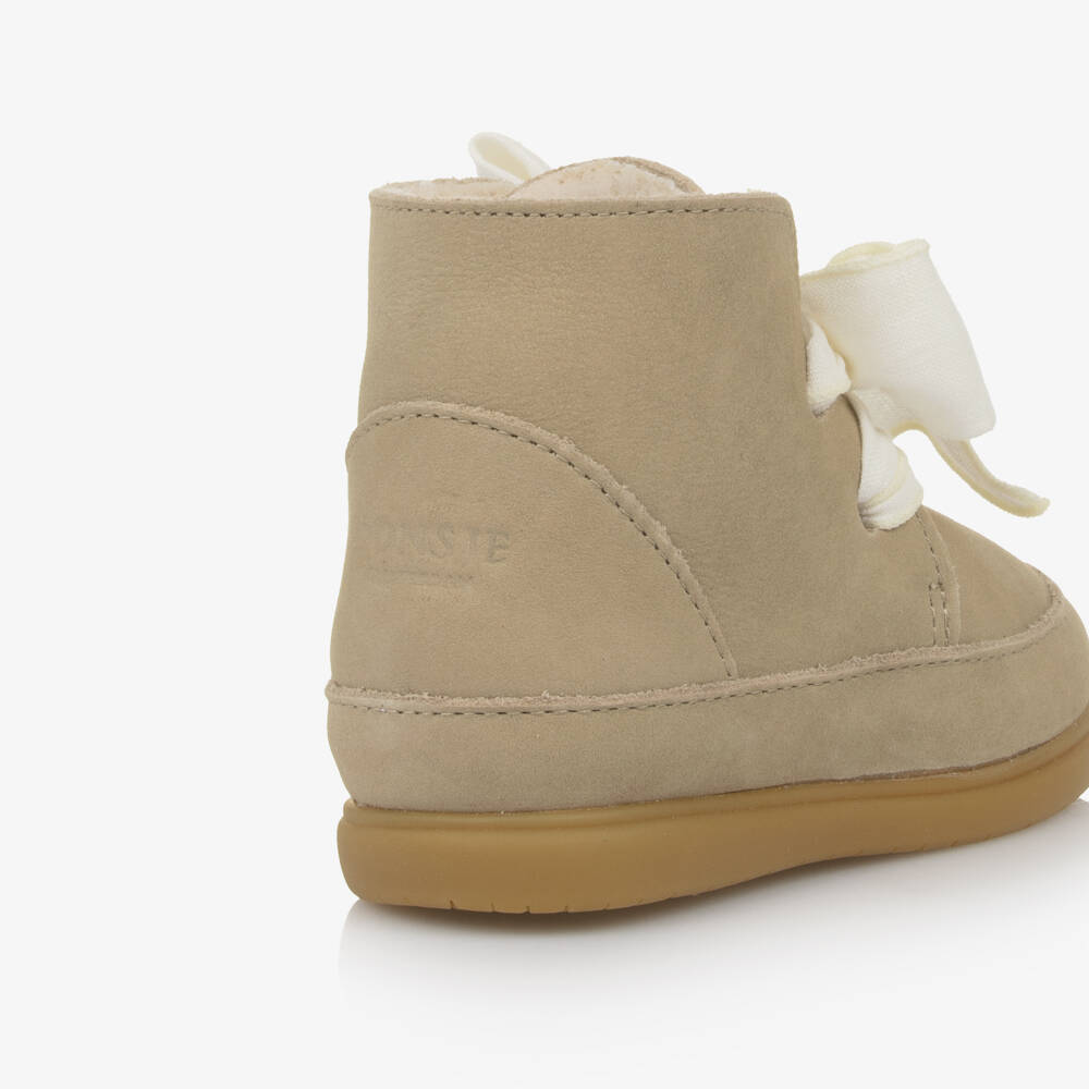 Donsje-Girls Beige Nubuck Leather First Walker Boots | Childrensalon