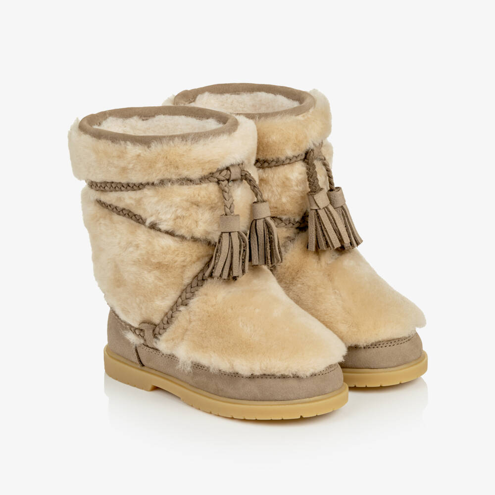 Donsje-Girls Beige Wool Slip-On Boots | Childrensalon