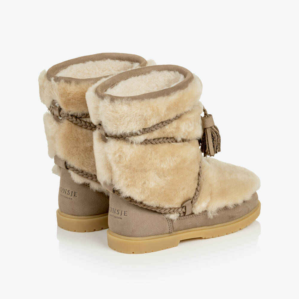Donsje-Girls Beige Wool Slip-On Boots | Childrensalon