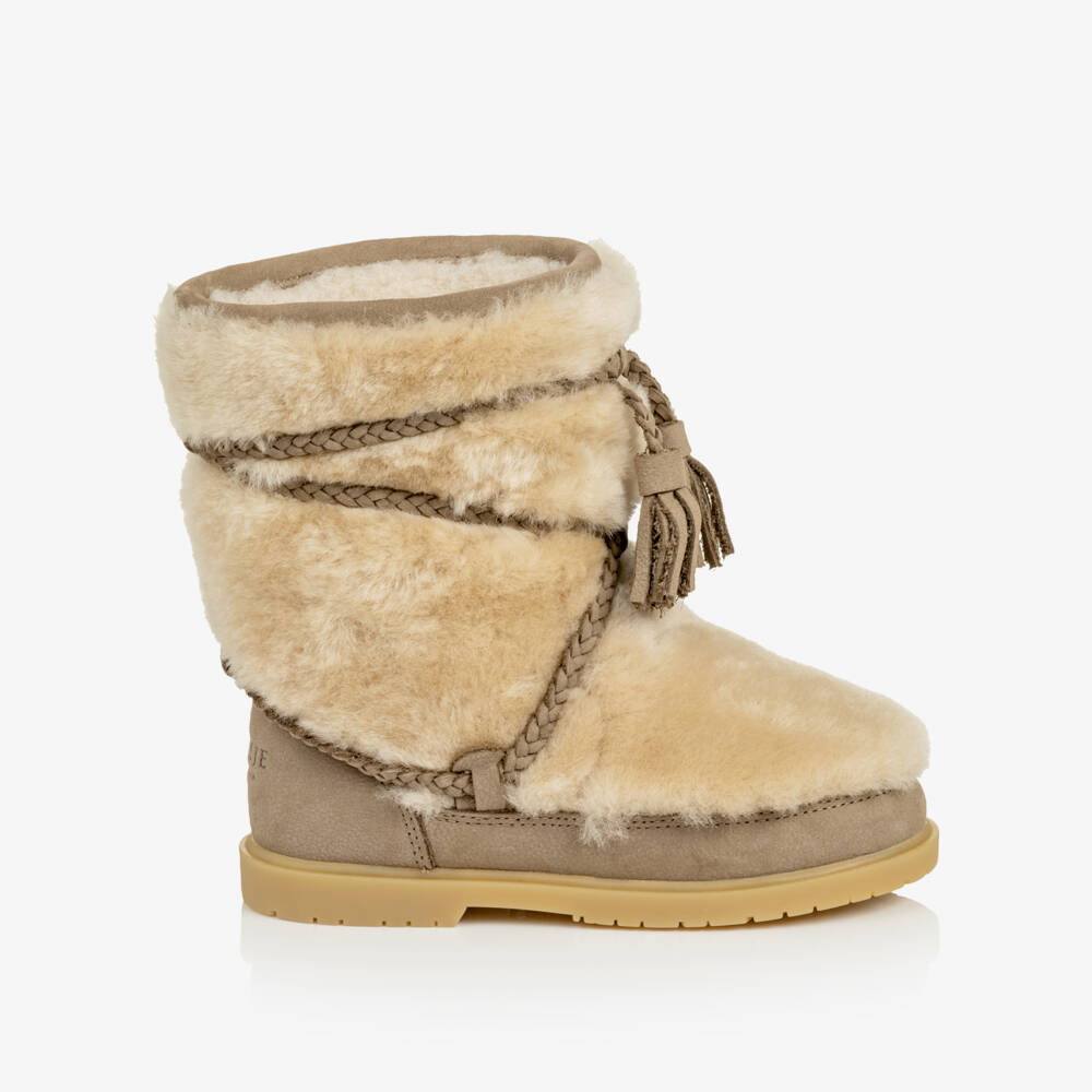 Donsje-Girls Beige Wool Slip-On Boots | Childrensalon