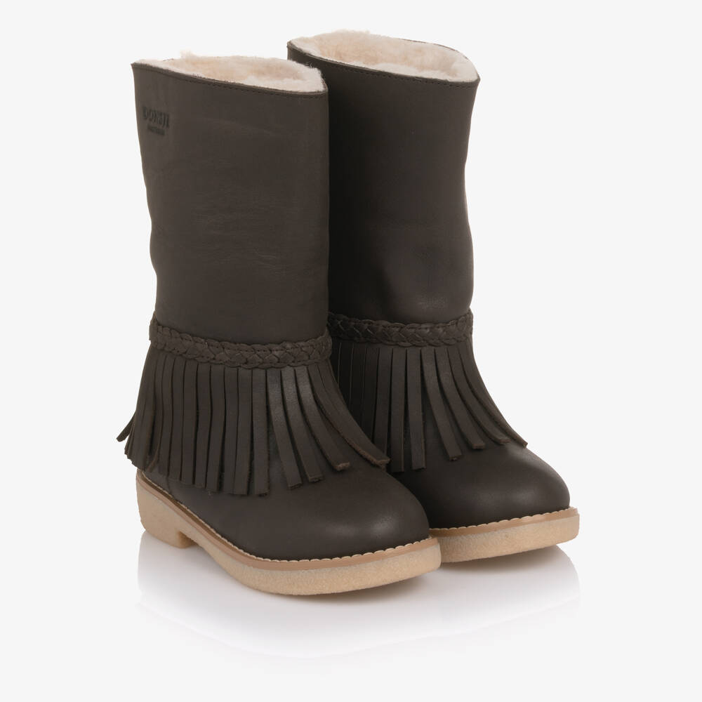 Donsje-Girls Brown Leather Daffy Boots with Fringing | Childrensalon