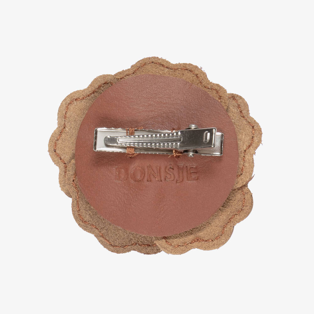 Donsje-Girls Brown Leather Hibiscus Flower Hair Clip (5cm) | Childrensalon