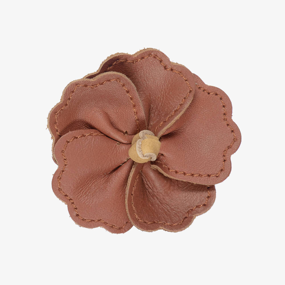 Donsje-Girls Brown Leather Hibiscus Flower Hair Clip (5cm) | Childrensalon