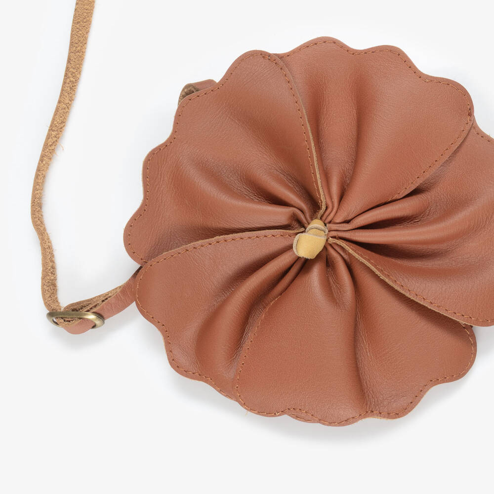 Donsje-Girls Brown Leather Hibiscus Flower Purse (16cm) | Childrensalon
