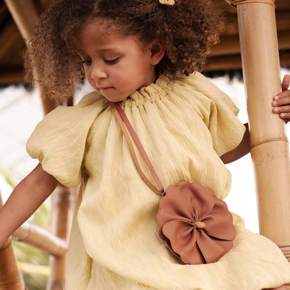Donsje-Girls Brown Leather Hibiscus Flower Purse (16cm) | Childrensalon