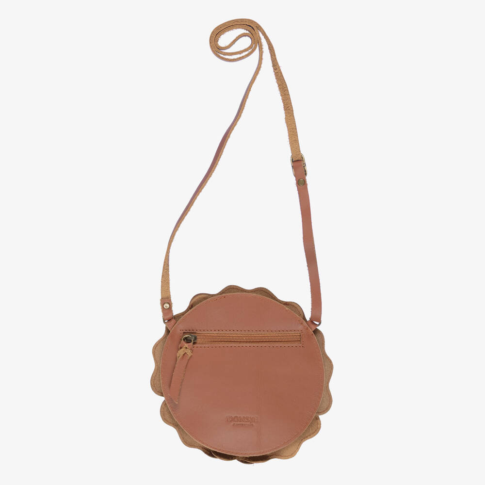 Donsje-Girls Brown Leather Hibiscus Flower Purse (16cm) | Childrensalon