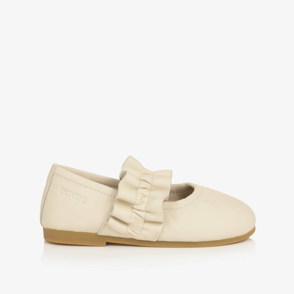 Donsje-Girls Cream Leather Ballerina Flats with Ruffle Strap | Childrensalon