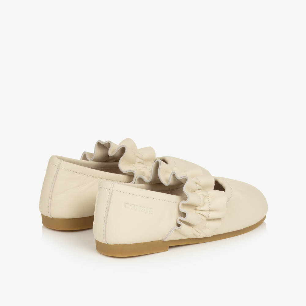 Donsje-Girls Cream Leather Ballerina Flats with Ruffle Strap | Childrensalon