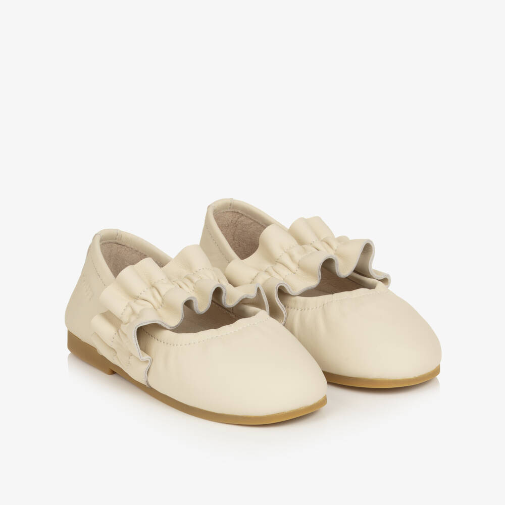 Donsje-Girls Cream Leather Ballerina Flats with Ruffle Strap | Childrensalon