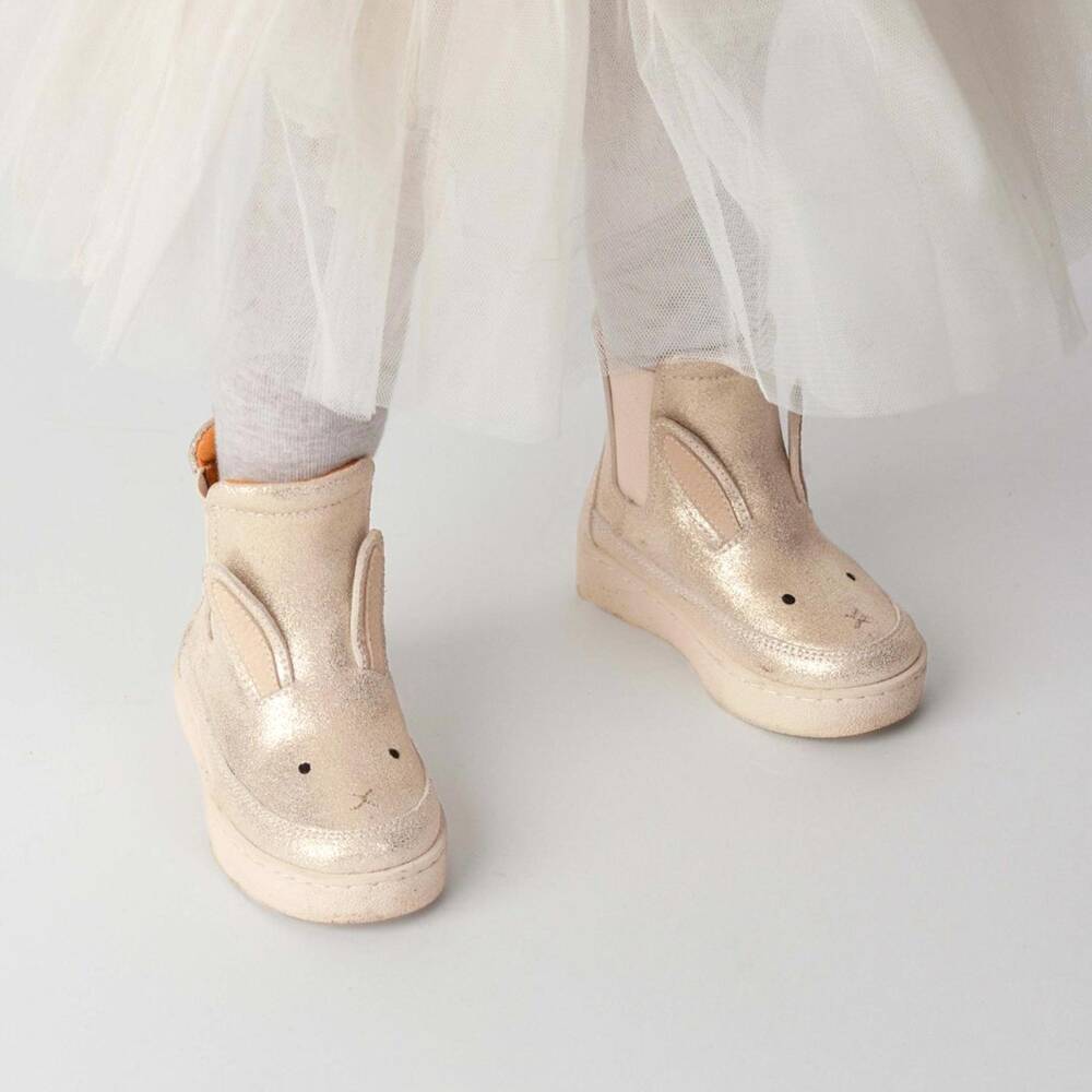 Donsje-Girls Glittery Gold Leather First Walker Bunny Boots | Childrensalon