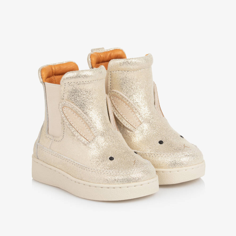 Donsje-Блестящие золотые кожаные ботинки в виде кроликов для малышей | Childrensalon