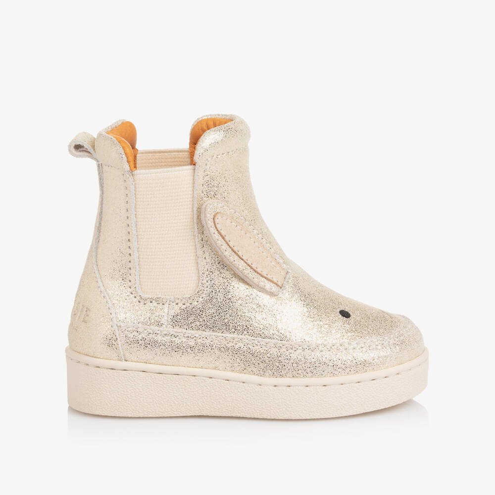 Donsje-Блестящие золотые кожаные ботинки в виде кроликов для малышей | Childrensalon