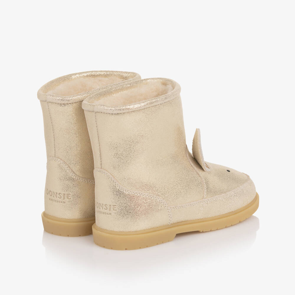 Donsje-Ботинки золотистые кожаные с овечьей шерстью для девочек | Childrensalon