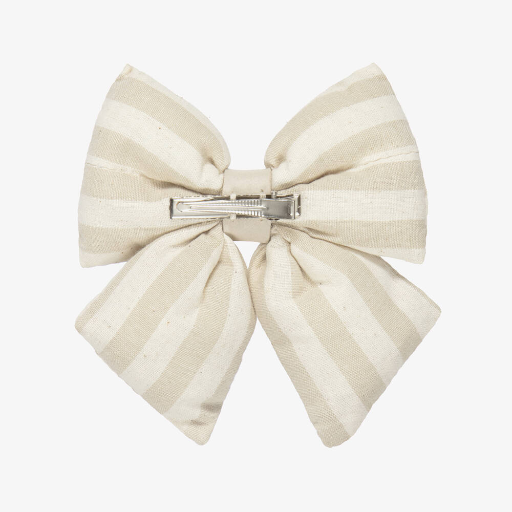 Donsje-Girls Ivory & Beige Stripe Padded Bow Hair Clip (11cm) | Childrensalon