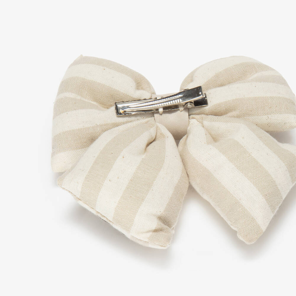 Donsje-Girls Ivory & Beige Stripe Padded Bow Hair Clip (11cm) | Childrensalon