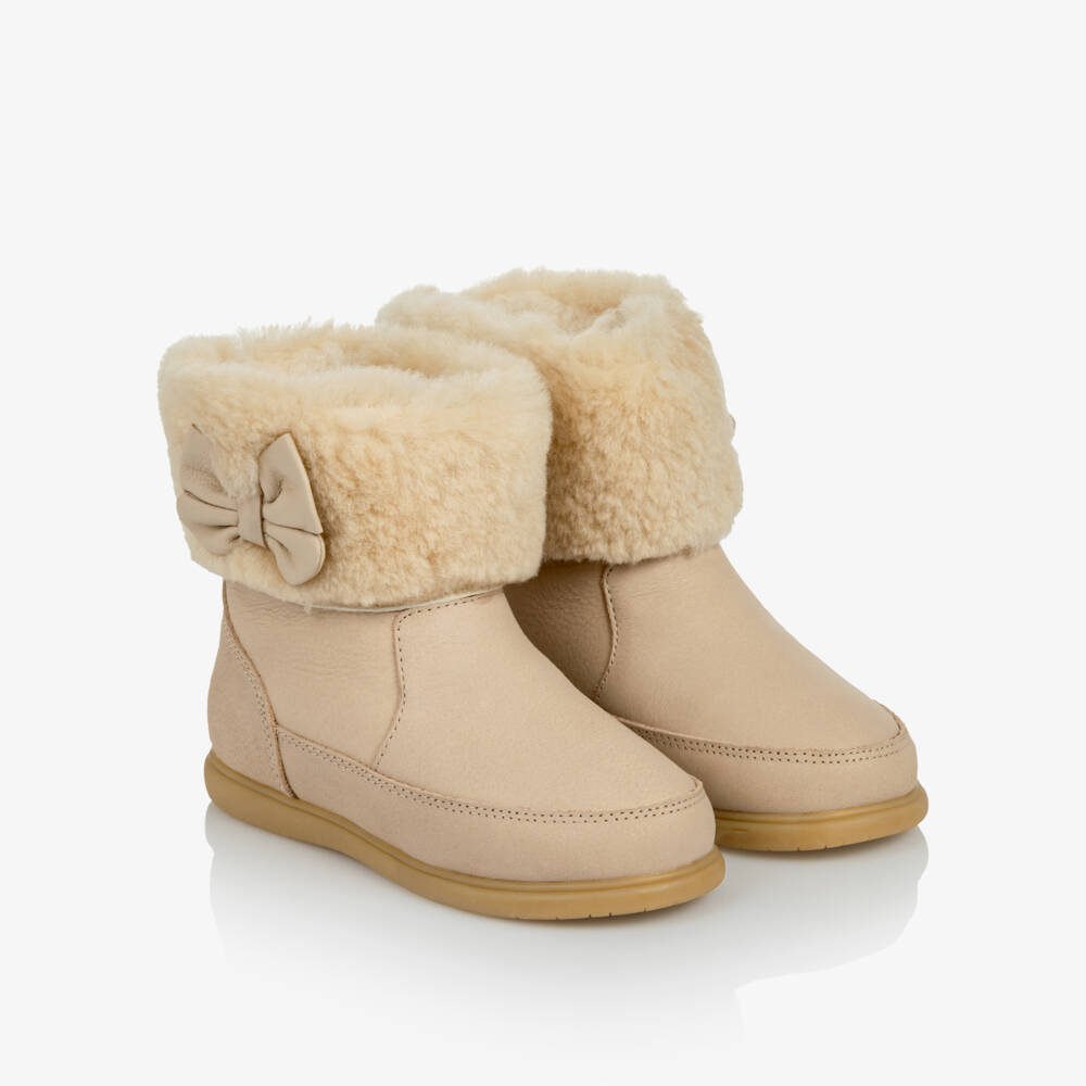 Donsje-Girls Ivory Leather Amarai Boots with Sherling | Childrensalon