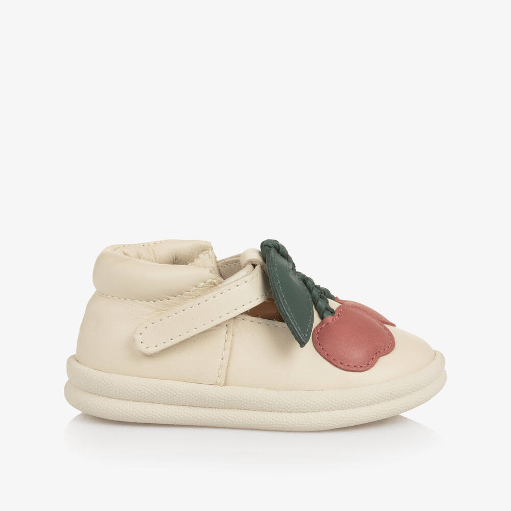 Donsje-Girls Ivory Leather First Walkers with Cherry Motif | Childrensalon