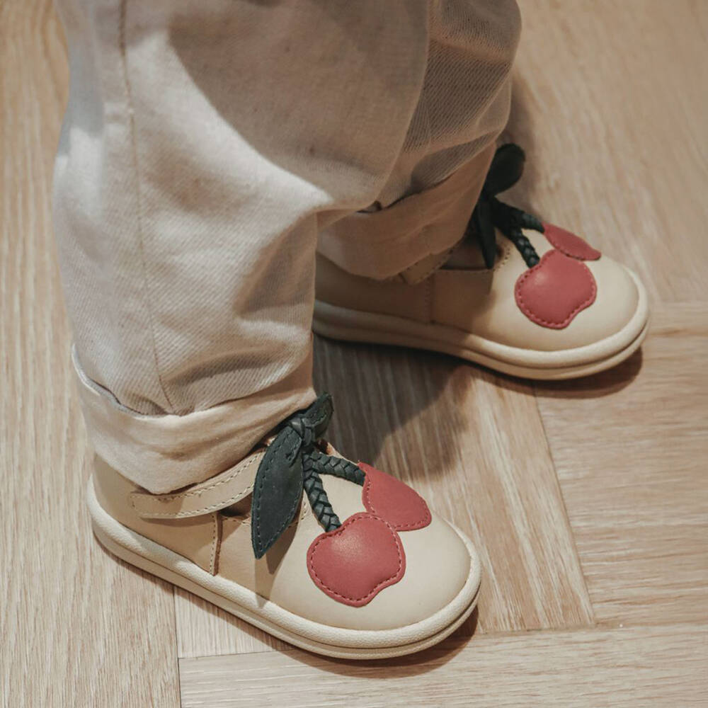 Donsje-Girls Ivory Leather First Walkers with Cherry Motif | Childrensalon