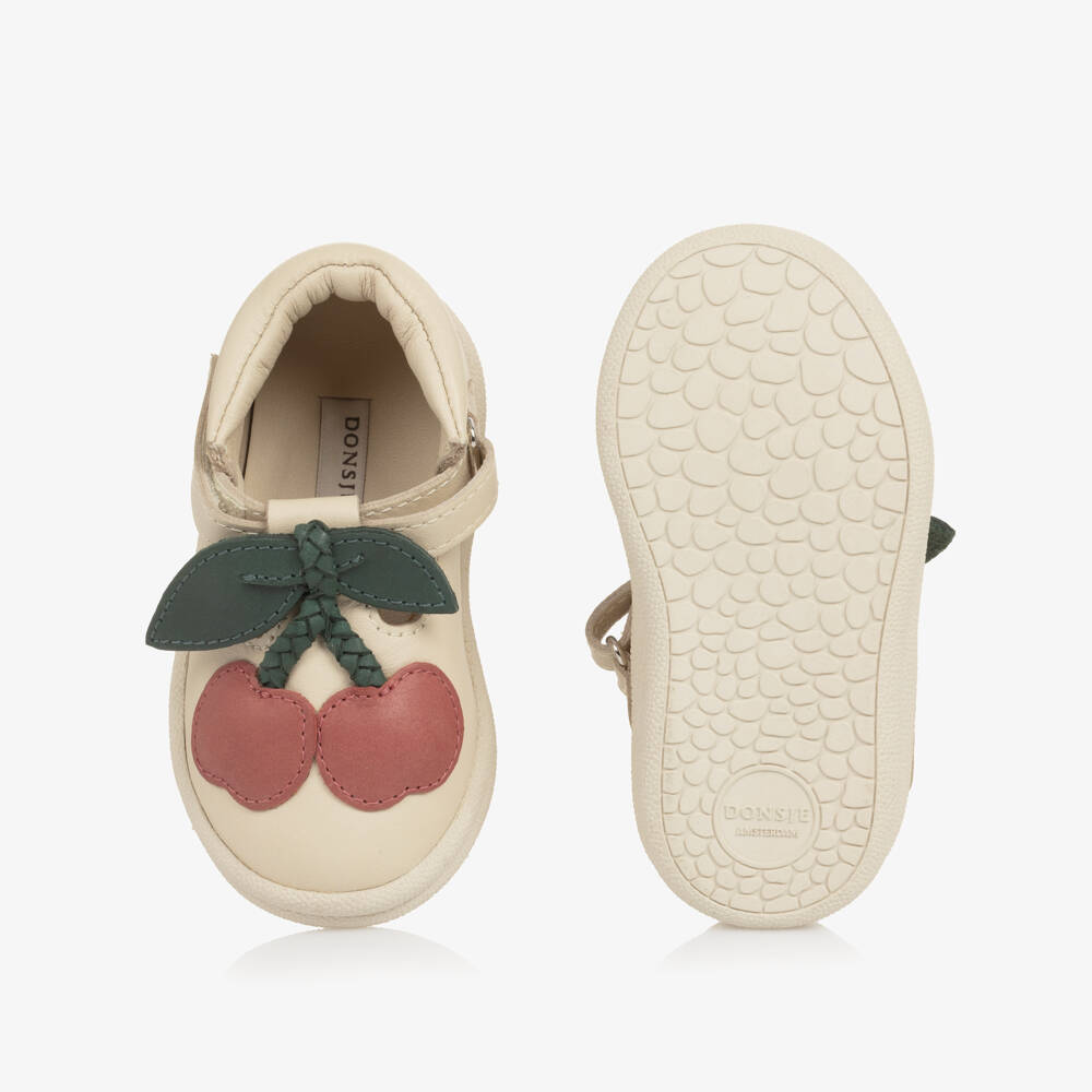 Donsje-Girls Ivory Leather First Walkers with Cherry Motif | Childrensalon