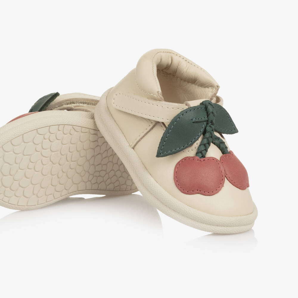 Donsje-Girls Ivory Leather First Walkers with Cherry Motif | Childrensalon