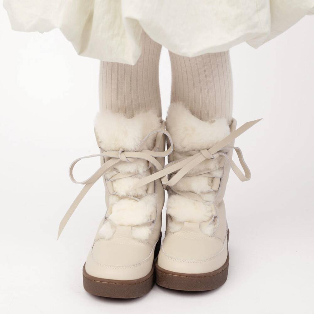 Donsje-Girls Ivory Leather & Wool Lace-Up Boots | Childrensalon