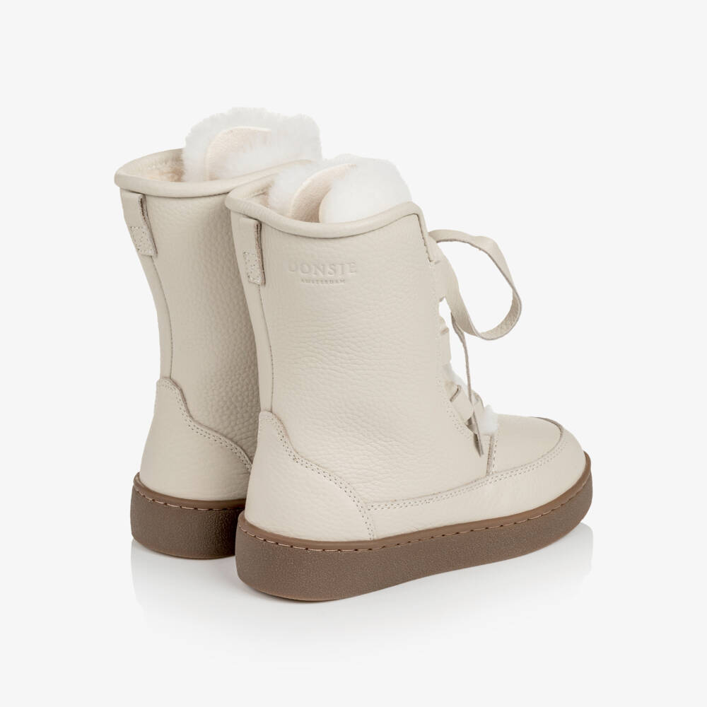 Donsje-Girls Ivory Leather & Wool Lace-Up Boots | Childrensalon