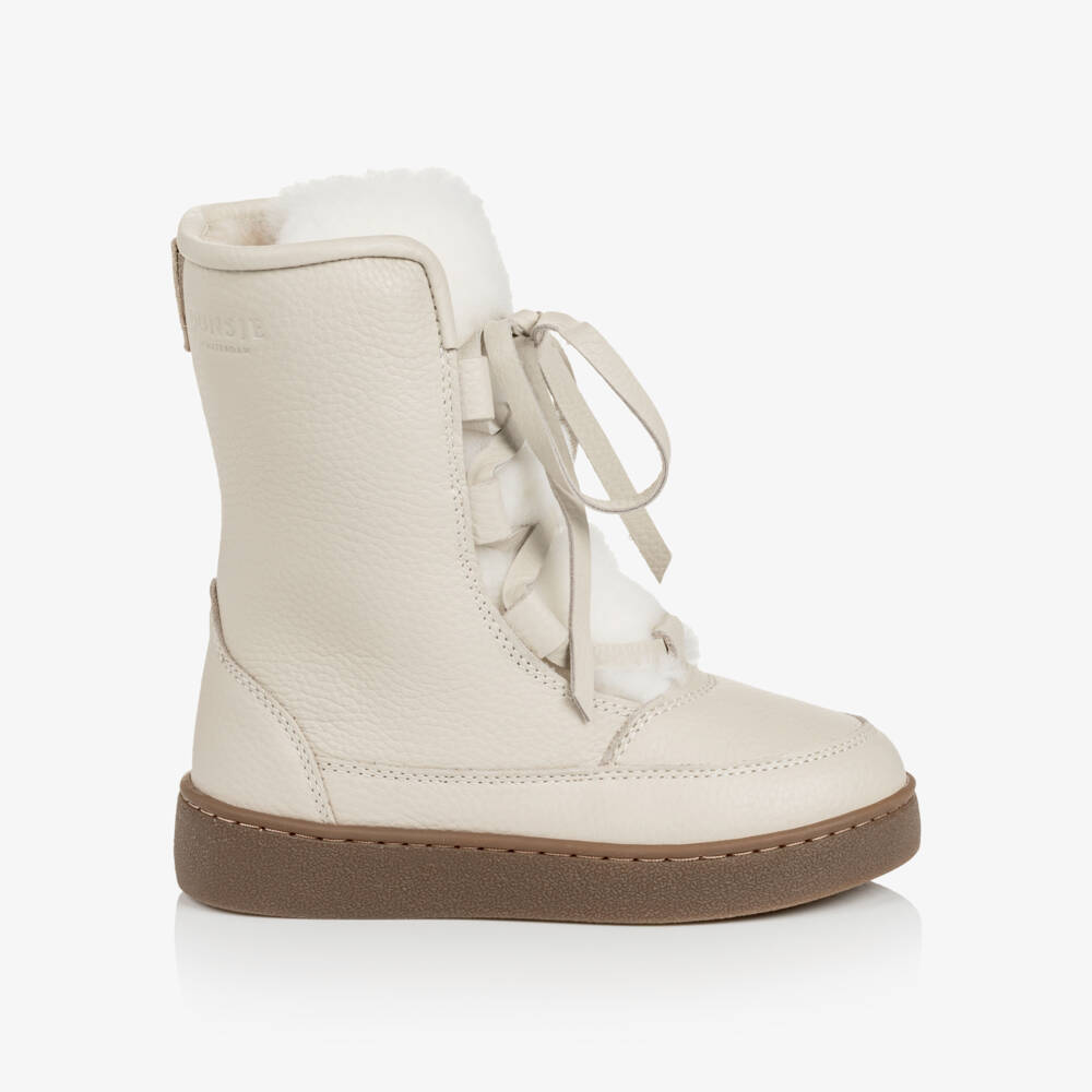 Donsje-Girls Ivory Leather & Wool Lace-Up Boots | Childrensalon