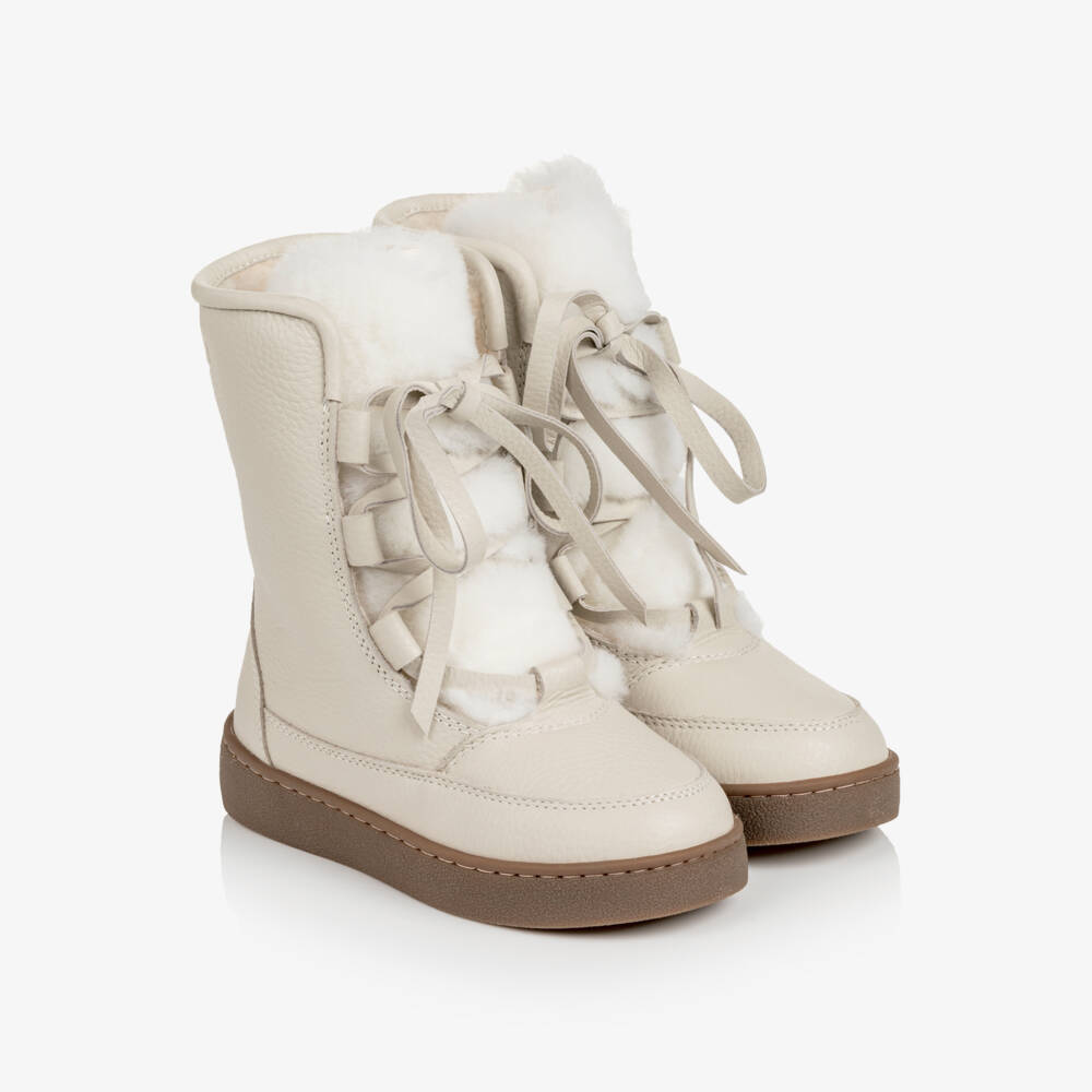 Donsje-Girls Ivory Leather & Wool Lace-Up Boots | Childrensalon