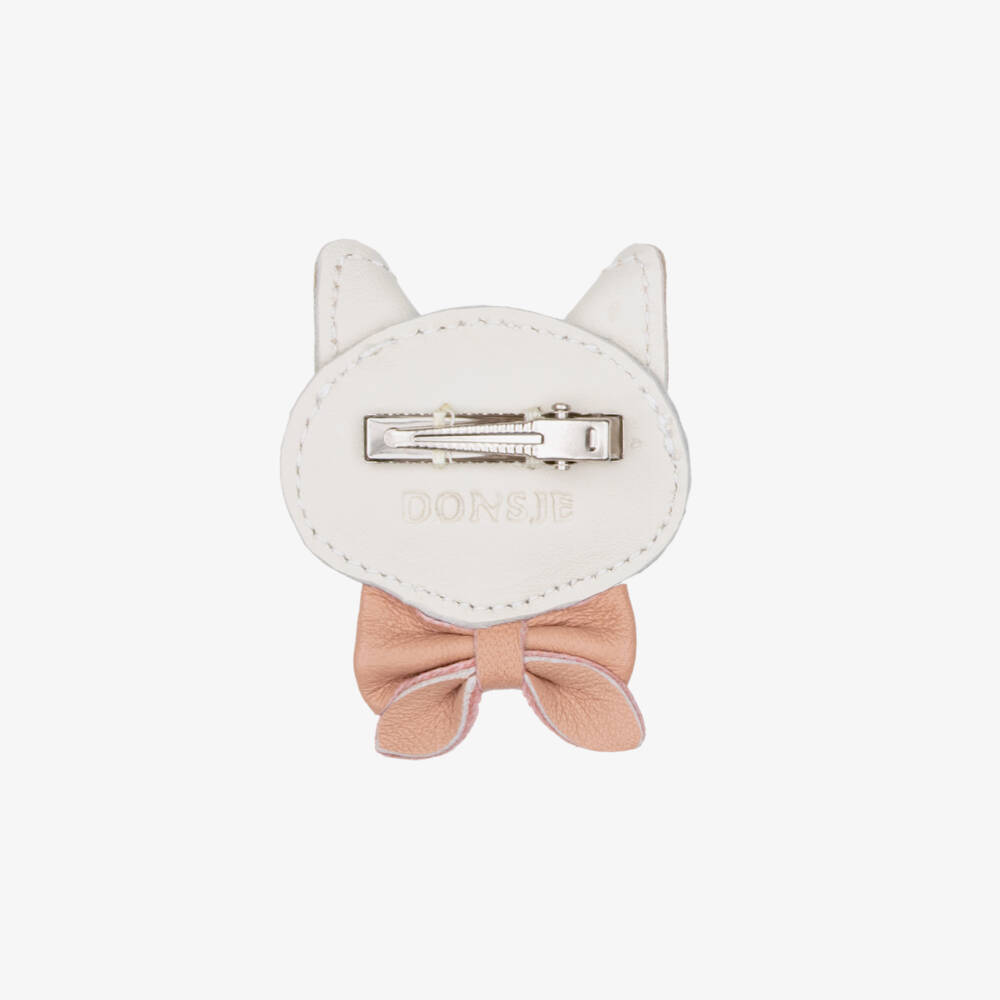 Donsje-Girls Ivory & Pink Leather Kitten Hair Clip (5cm) | Childrensalon