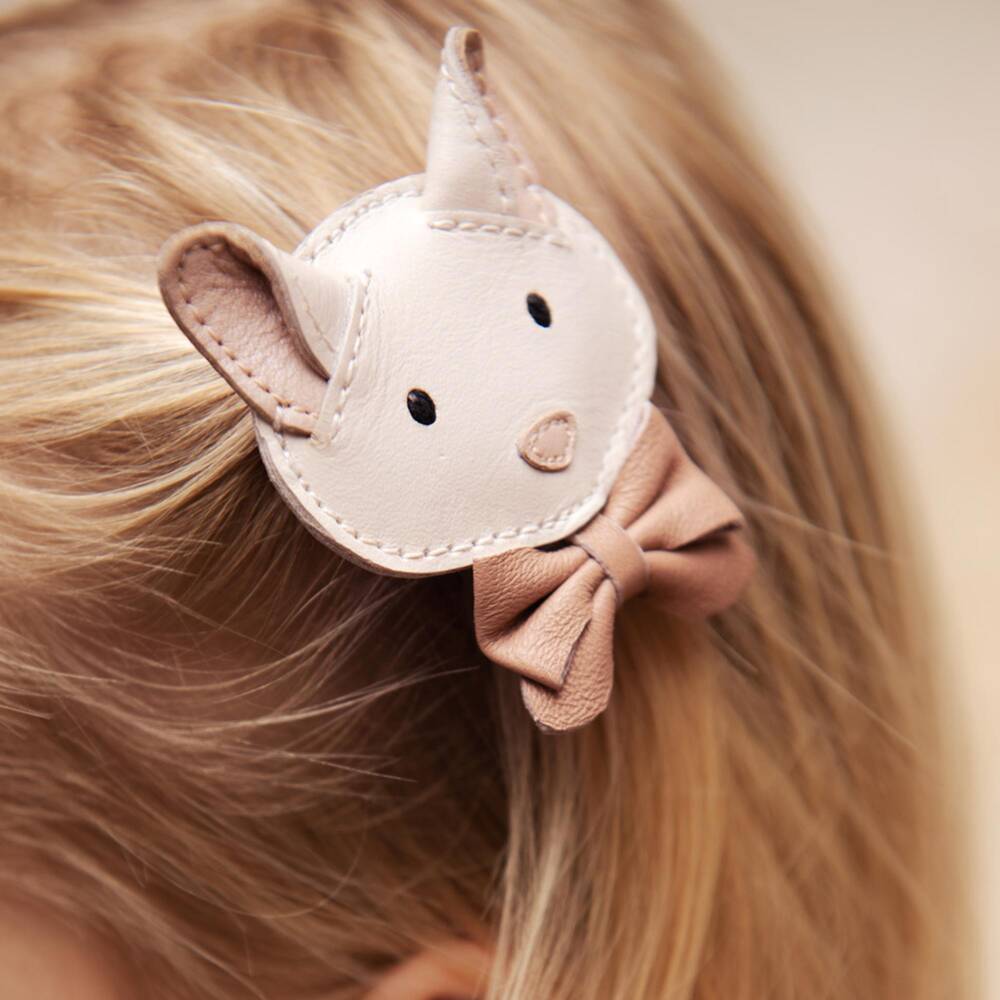Donsje-Girls Ivory & Pink Leather Kitten Hair Clip (5cm) | Childrensalon