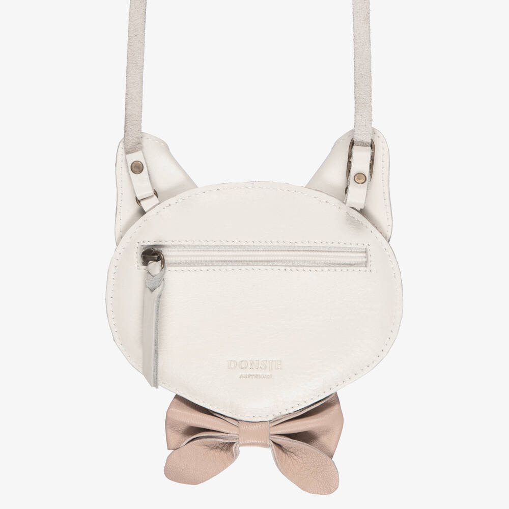 Donsje-Girls Ivory & Pink Leather Kitten Purse (13cm) | Childrensalon
