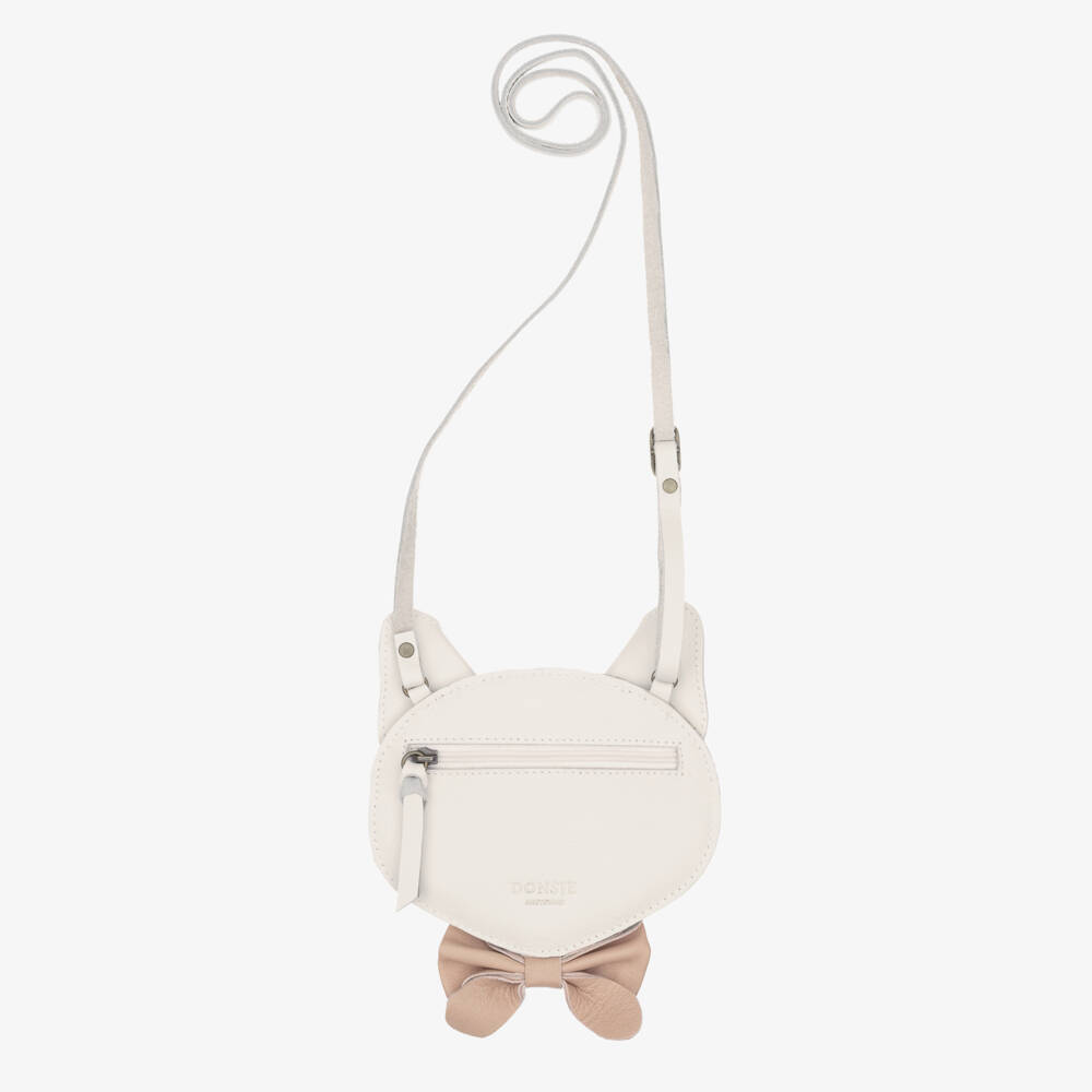 Donsje-Girls Ivory & Pink Leather Kitten Purse (13cm) | Childrensalon