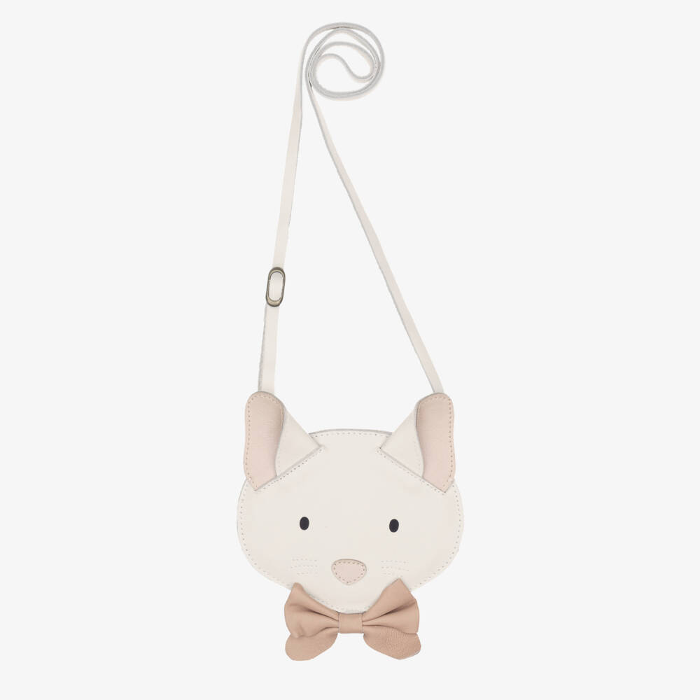 Donsje-Girls Ivory & Pink Leather Kitten Purse (13cm) | Childrensalon