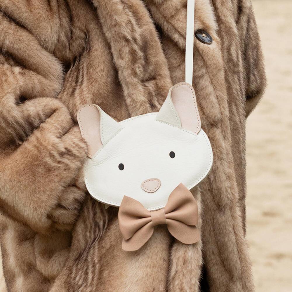 Donsje-Girls Ivory & Pink Leather Kitten Purse (13cm) | Childrensalon