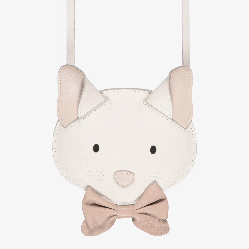 Donsje-Girls Ivory & Pink Leather Kitten Purse (13cm) | Childrensalon