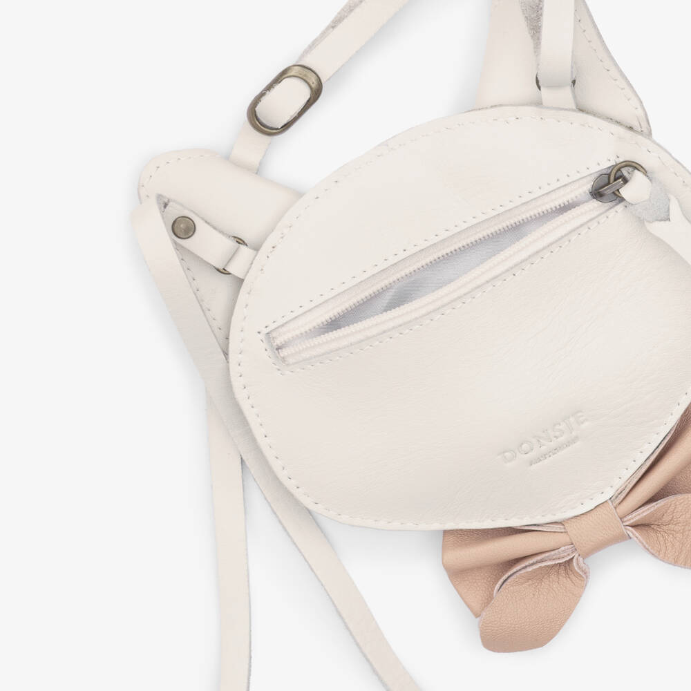 Donsje-Girls Ivory & Pink Leather Kitten Purse (13cm) | Childrensalon