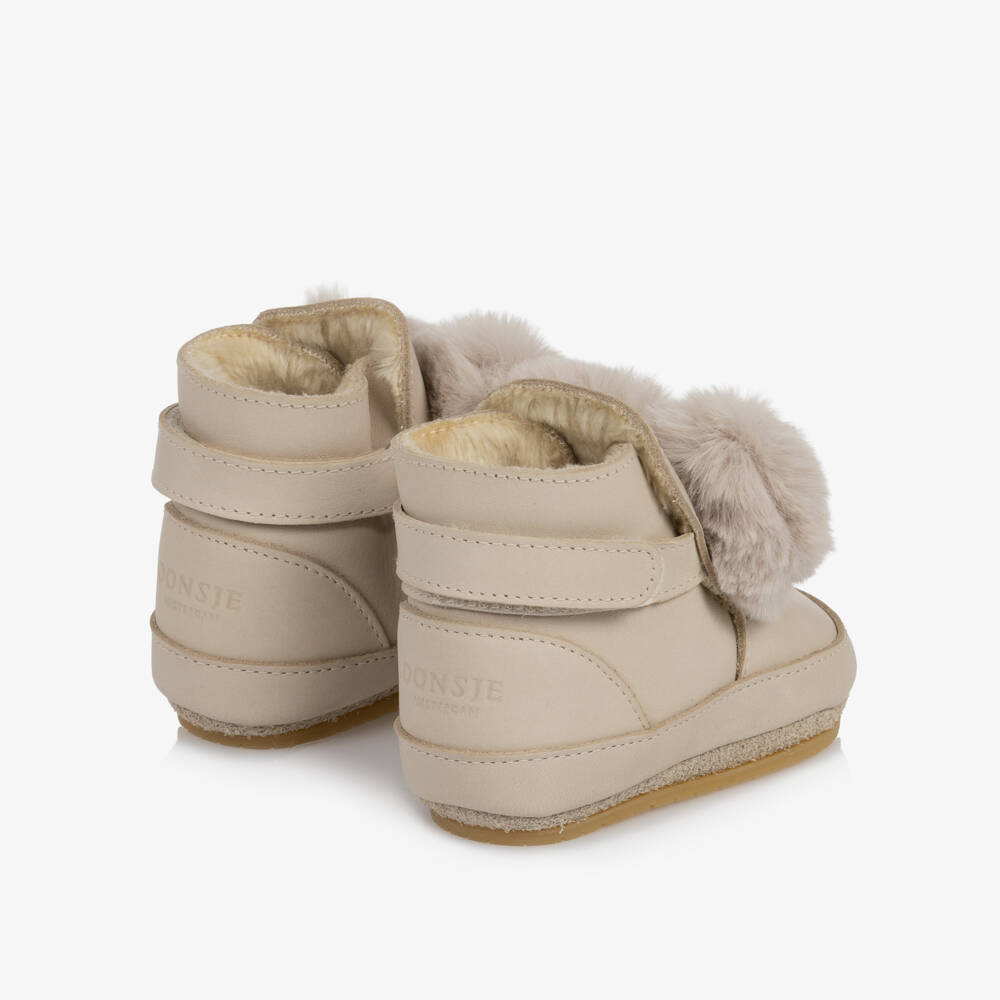 Donsje-Girls Ivory Pom-Pom Bow First Walker Boots | Childrensalon