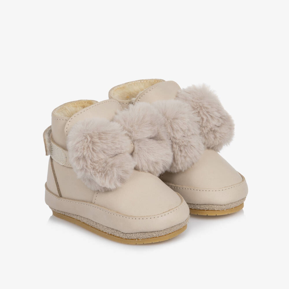 Donsje-Girls Ivory Pom-Pom Bow First Walker Boots | Childrensalon