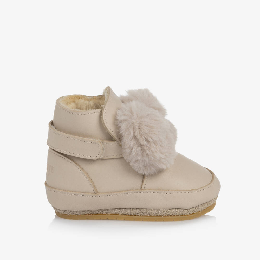 Donsje-Girls Ivory Pom-Pom Bow First Walker Boots | Childrensalon