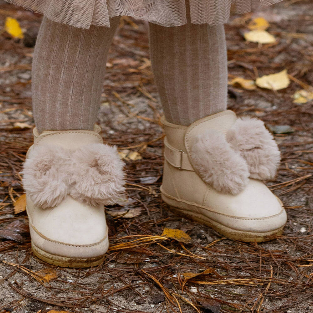 Donsje-Girls Ivory Pom-Pom Bow First Walker Boots | Childrensalon