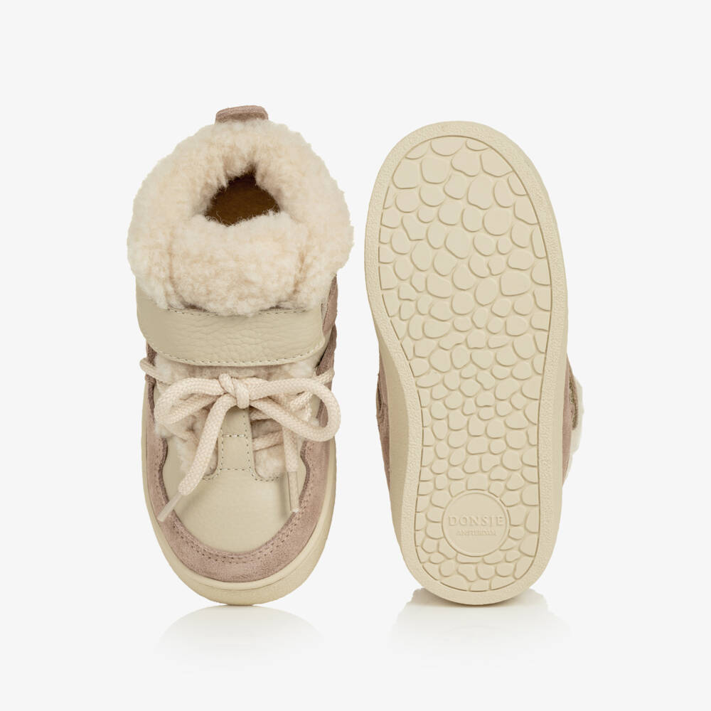 Donsje-Girls Lavender Brown Leather & Wool Trainers | Childrensalon